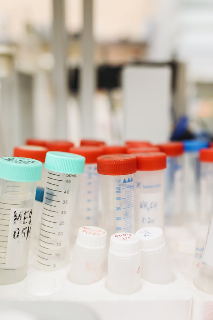 Close-up of laboratory test tubes and containers used for scientific research.